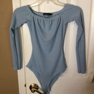Baby blue long sleeve off the shoulder body suit
